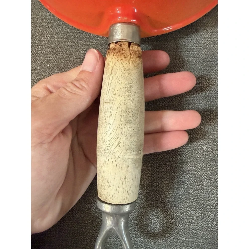 Vintage Le Creuset Castoflon #18 Saucepan with Lid Teck Wood Handle Flame Orange